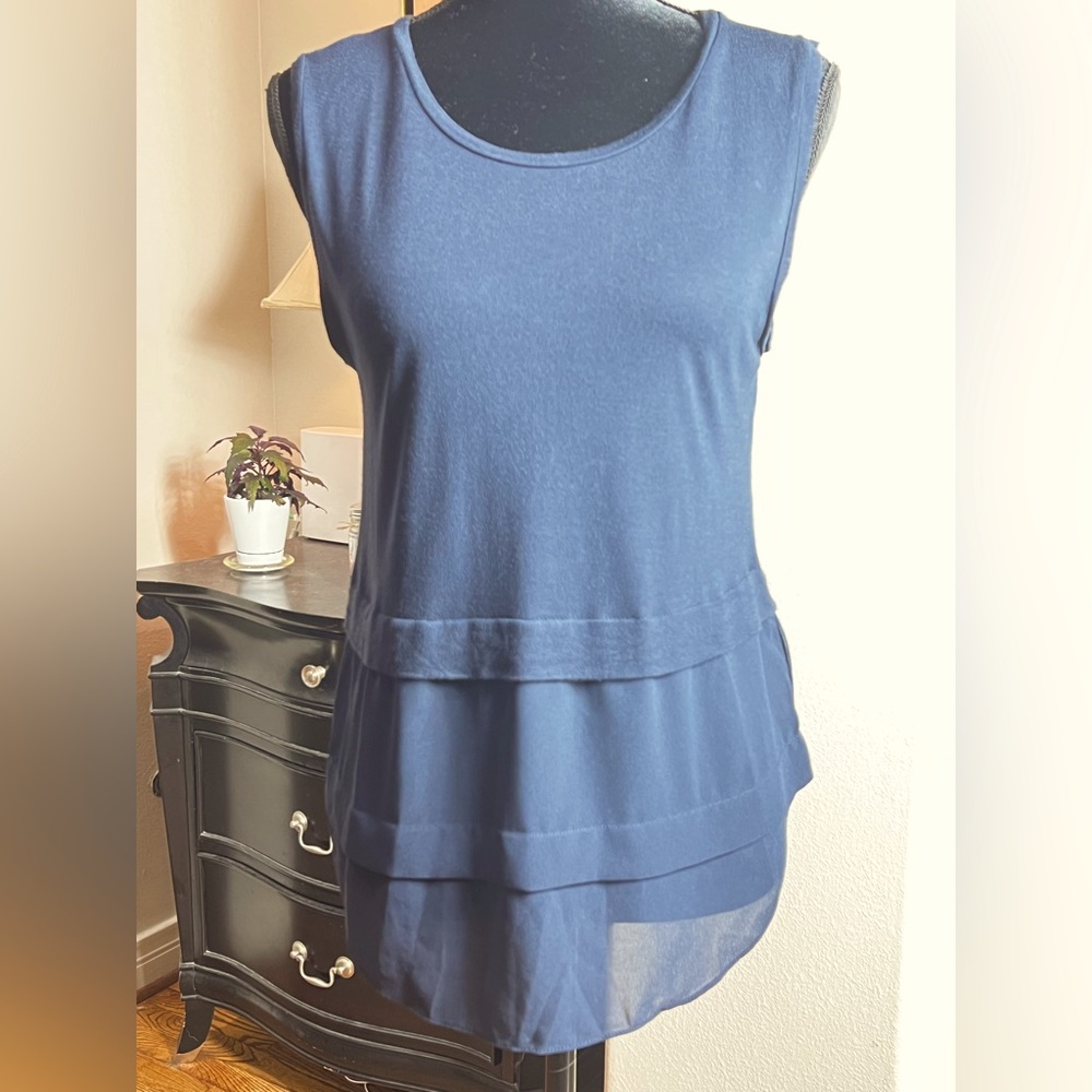 MICHAEL Michael Kors Deep Blue Layered Jersey Knit & Chiffon Top | Size Medium